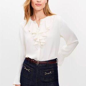NWOT LOFT Ivory Cascading Ruffle Front Blouse Size Large